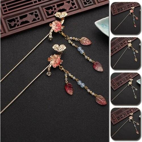 Gold Color Flower Leaf Long Tassel Hair Sticks for Chinese Chinese Style Retro Headpieces Bride Wedding Hair Jewelry Hairpins