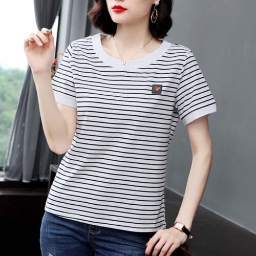 2021 Summer Plus Size 4XL Women Tops And Tshirt Womens Clothing Cotton Striped Shirt V-Neck Ladies Slim Tees Feminine