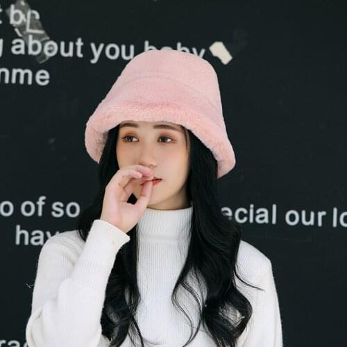 2021 Fashion Artificial Rabbit Fur Bucket Hat Women Autumn Winter Warm Thickened Fisherman Hat Panama Plush Basin Hat Lady Cap
