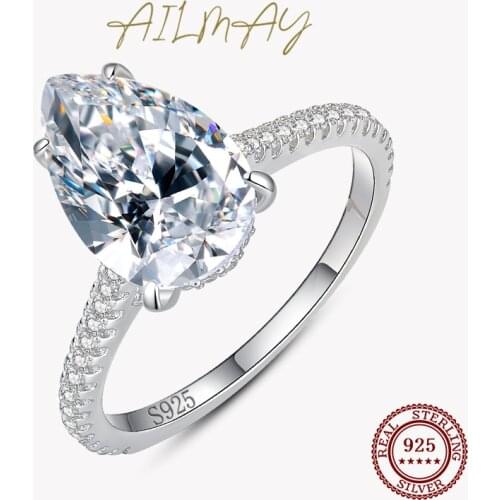 Ailmay Real 925 Sterling Silver Water Drop Clear Zircon Finger Rings For Women Classic Luxury Wedding Accessories Jewelry GIFT
