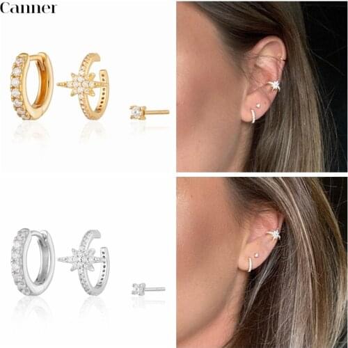 CANNER 3pcs/set 925 Sterling Silver Hoop Earrings For Woman Fashion Jewelry High Quality Round Simple Zircon Huggise Earrings