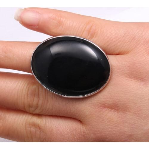 Natural Stone Rings Oval Shape Stainless Steel Finger Ring for Women Men Black Onyx Adjustable Jewelry Party Gift 30x40mm