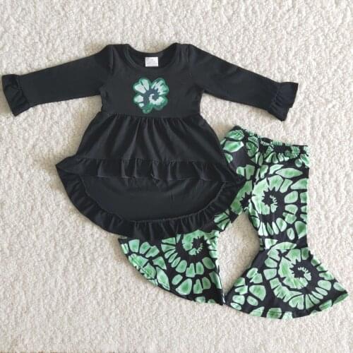 2021 Childrens boutique St. Patricks Day clothes Green outfits fashion Vinyl clover and bell bottoms set