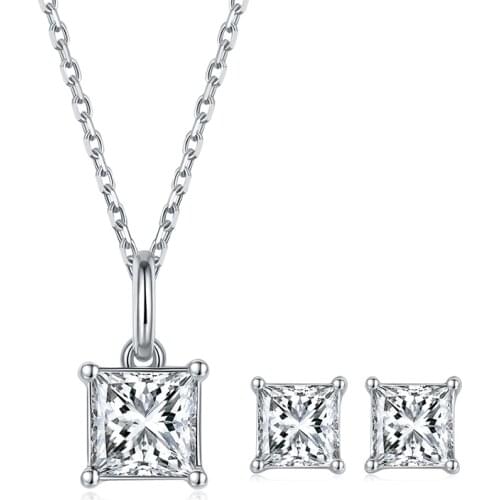 BOEYCJR 925 Silver F color Princess cut 1ct pendant0.5ct earrings Moissanite VVS1 Fine JewelryNecklace&Earring Women Jewelry Set