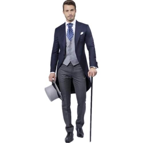 Custom made Groom Tailcoat Handsome Formal suits Navy Blue Business wears Groomsman suits (Jacket+Pants+vest) terno masculino