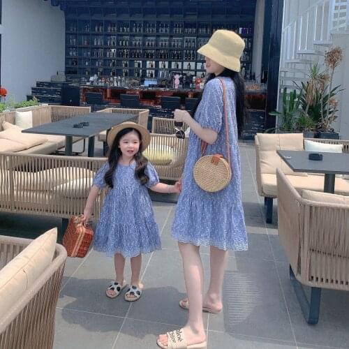 Sweet Summer Blue Yellow Mom and Daughter Dress Baby Girl Clothes Family Matching Outfits Floral Hollow Out the Dress