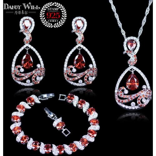 Mystic Pear Red Zircon White Crystal silver color Jewelry Sets For Women Wedding Accessories Earrings/Pendant/Necklace/Bracelets