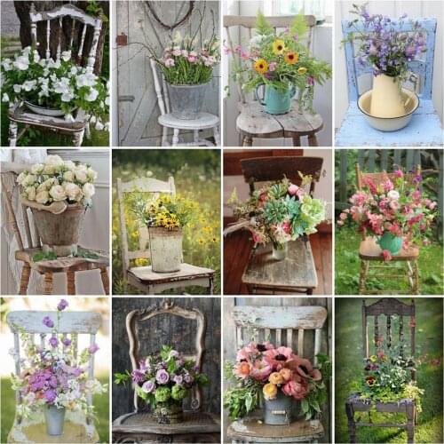 HUACAN Diamond Art Painting Vase Of Flowers Kits Diamond Mosaic Chair Cross Stitch Wall Art Home Decoration