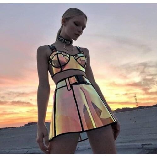 Nightclub Start Auto Women Sexy Costumes Party Music Festival Laser Hologram Bra With Skirt Set Show Harajuku Holograhpic Skirt