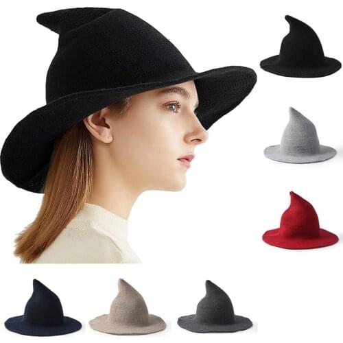 2021 Newest Hot Women Modern Witch Wool Hat Foldable Costume Sharp Pointed Wool Felt Halloween Party Hats Witch Hat Warm Cap