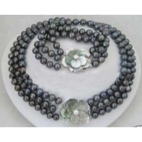 NEW 3 row 7-8 MM black pearl necklace bracelet set 17-19" 7.5" AAA
