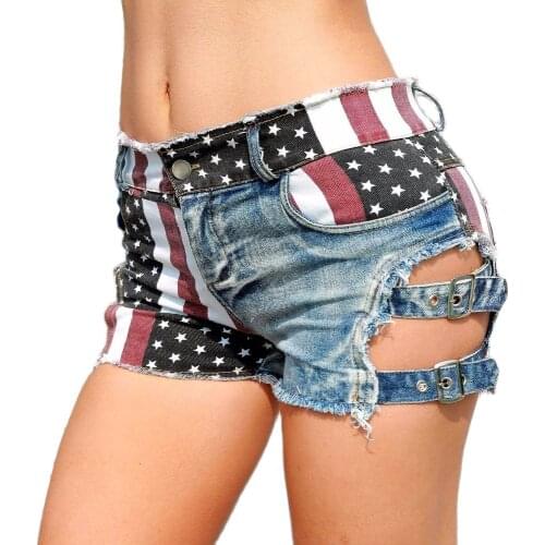 New Sexy Womens High Waist Hole Jeans Shorts American Flag Printed Denim Shorts