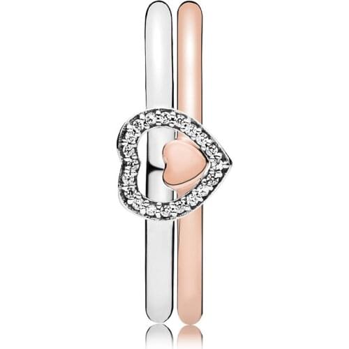 NEW 100% 925 Sterling Silver Ring Two Become One Puzzle Heart Stacked Ring Set Fit European Girl DIY Original Jewelry Gift