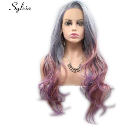 Sylvia Smoke Grey Color Ombre Purple Synthetic Hair Wigs Lace Front Wigs Heat Resistant Fiber Soft Hair Side Part For Women