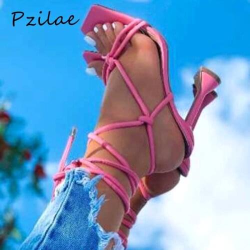 Pzilae New Arrivals Summer Womens Sandals Lace-up Cross-Strap High Heels Gladiator Sandals Open Toe Spike Heel Ladies Shoes