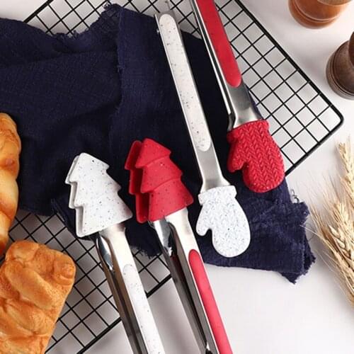 Silicone Food Tong Christmas Tree Gloves Design Kitchen Tongs Silicone Non-slip Cooking Clip Clamp BBQ Salad Grill Tools