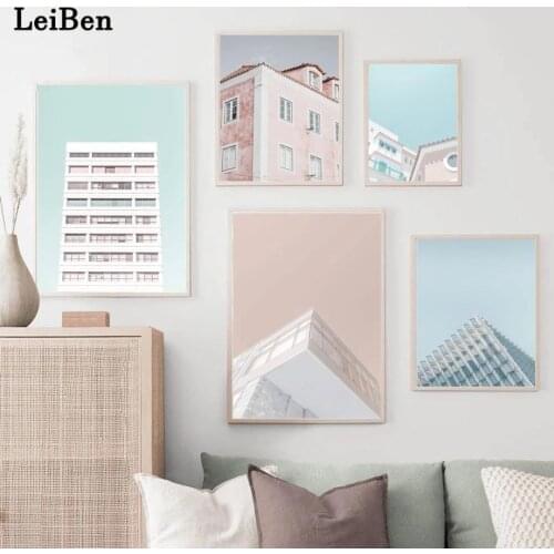 Modern Pink and Blue Architecture Sky Poster and Prints Wall Art Canvas Painting Nordic Interior Pictures for Living Room Decor