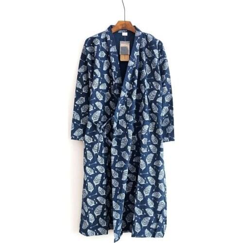 Woven Cotton Jacquard Mens Kimono Nightgown Spring and Autumn Thin 9-quarter Sleeves Steamed Bathrobe Home Robe Nuisette Homme