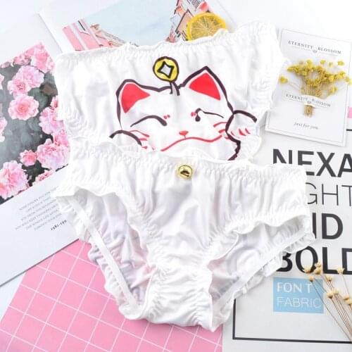 SP&CITY Japan Cute Lucky Cat Print Women Panties Cartoon Ruffle Bell Milk Silk Underwear Seamless Sexy Briefs Girls Lingerie
