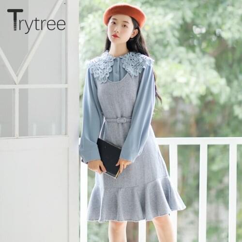 Trytree Autumn Winter Women Two piece sets Casual Peter pan Collar Single Breasted Tops + Dress Ruffles Belt Set Piece 2 Set