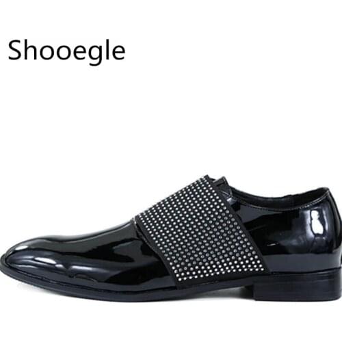 Black Patent Leather Rhinestone Stud Men Dress Shoes Slip On Business Wedding Flat Handmade Men Casual Shoes