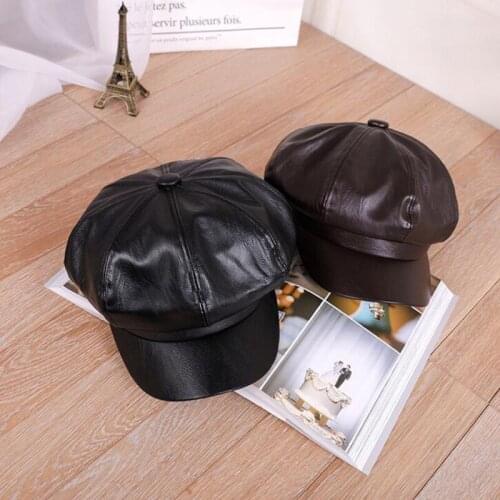 FREEANDER Octagon Hat Female Autumn And Winter Leather Beret British Retro Cap Korean Version Of The Wild Net Red Hat Female Tid