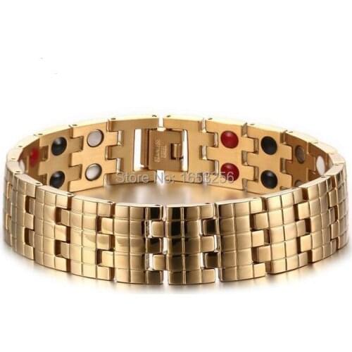 High Quality Gold 316L Stainless Steel Mens Health magnet Stone Chain Bracelet 16mm 8.66