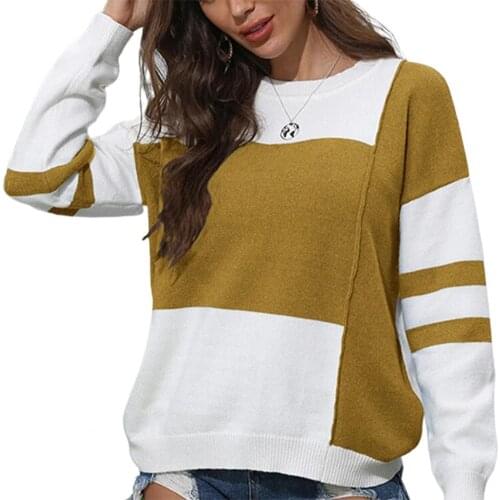 Women Color-blocking Pullover Stitching Round Neck Long-sleeved Sweater Blouse