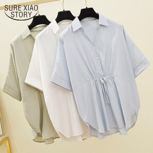 2020 Summer New 5XL Large Size Korean Style Loose Blouse Women Elegant V-neck Solid Large Girls Slim Shirts White Tops 9884