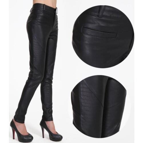 Spring autumn fashion faux leather pants womens feet pants High waist motorcycle pu trousers for women personality black