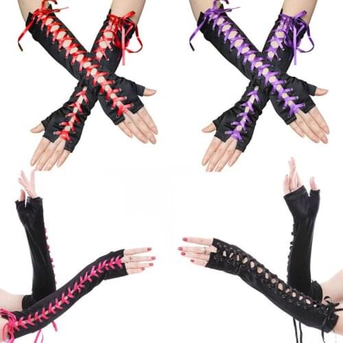 Women Sexy Elbow Length Fingerless Long Gloves String Ribbon Criss Cross Lace Up Disco Dance Gothic Style Cosplay Mittens Arm