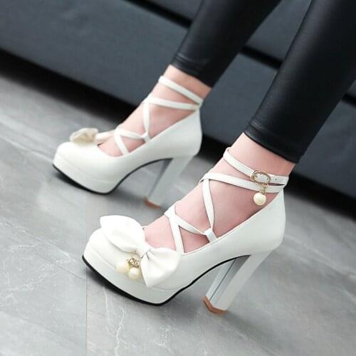 2021 Spring New Arrivals Womens Pumps Buckle Strap Butterfly-knot Round Toe Cross-tied Single Shoes Casual Sweet Womens Shoes