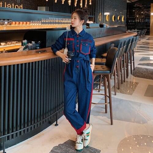 Women Fashion Splice Slim Bandage Denim Jumpsuit Overalls Spring Fall Long Sleeve Button Straight Jeans One Piece Pants Set M223