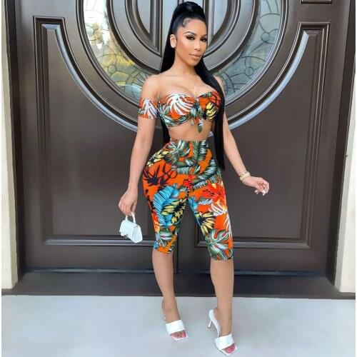 Leaves Print Summer Two Piece Club Outfits Womens Clothes Off Shoulder Backless Crop Top and Knee Length Pant Sexy Beach Suits