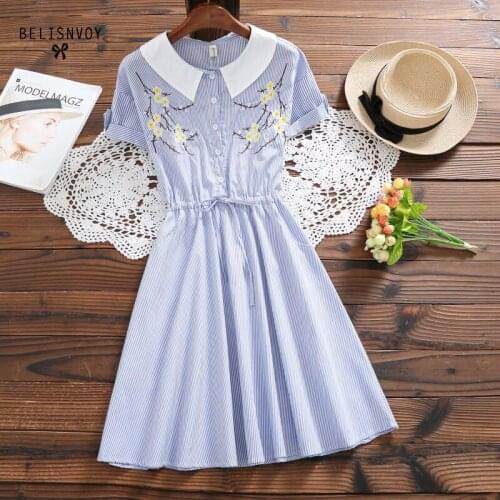 Mori Girl Summer Dress 2019 Women Short Sleeve Floral Embroidery Elbise Blue Striped A-line Cotton Dresses Casual Cute Vestidos