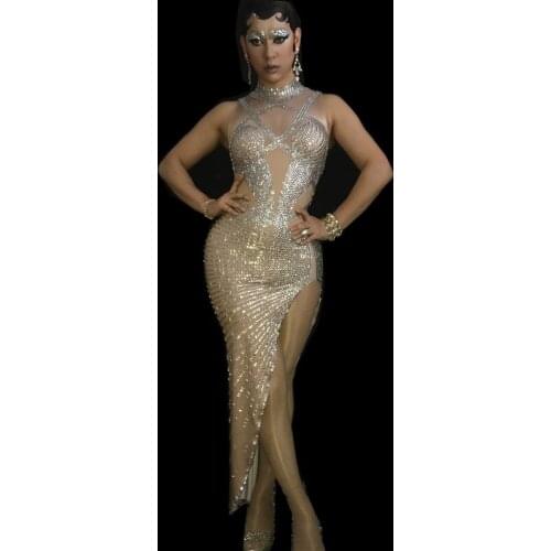 Women Rhinestone Perspective High Slit Sleeveless Tight Fitting Long Dress Women Nightclub Sexy Pole Dance Slim Performance Wear