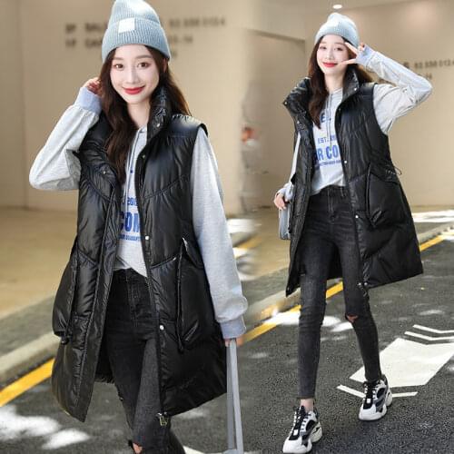 Glossy Down Cotton Vest Women 2021 New Mid-Length Waistcoat Large Size Loose Autumn And Winter Female Sleeveless Jacket