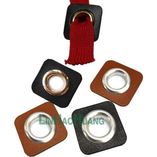 30pcs/lot 25mm square black/brown PU leather sew on Badges patch labels + inner 10mm metal brass eyelets grommets free ship