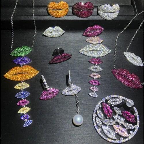 Silver Colored Multicolor Asymmetric lips Series Full Diamond Rabbit Earrings Necklace Bracelet Fashion Women Ring Noble Jewelry