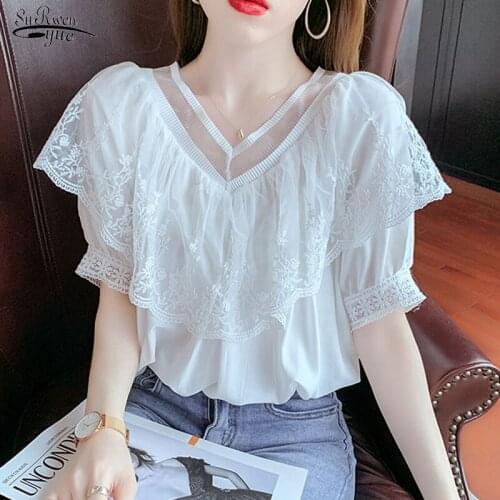 Loose Ruffled Patchwork Lace Short Sleeve Blouses Women Summer Fashion V-neck Blouse Sweet Elegant Shirt Clothes Blusas 14288