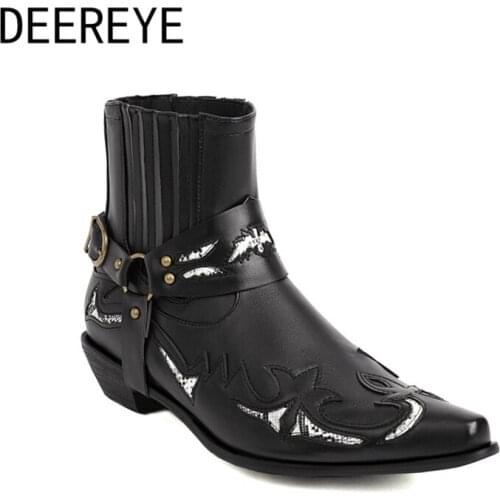 Knight Short Ankle Booties Vintage Embroidered Splicing Belt Buckle Cowboy Boots Thick Heels Female Footwear Shoes Big Size38-48