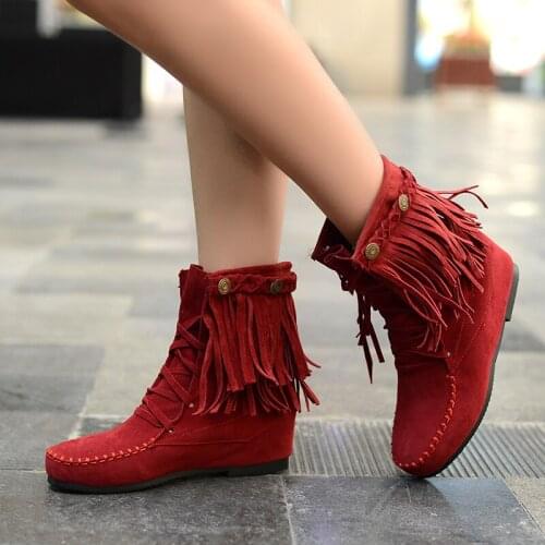 British style autumn short boots womens high rise fringe boots single boots large 40-43 flat bottomed womens shoes trend