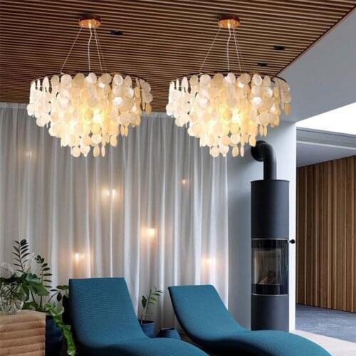 Round chandelier for bedroom new shell wind chimes design hanging lamp living room luxury girl room lights fixture