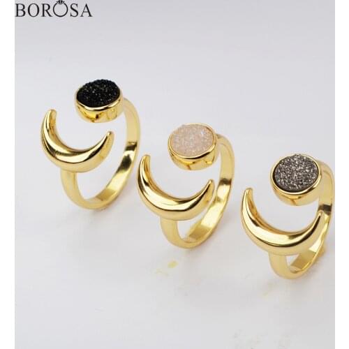 BOROSA 5/10Pieces Round Druzy Rings Agates Titanium Druzy Adjustable Rings with Gold Moon Open Rings for Women Jewelry ZG0438