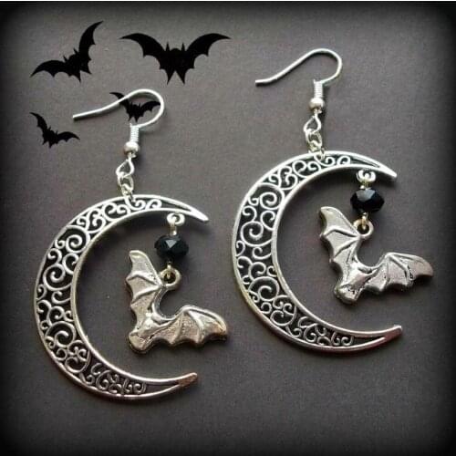 Flying Bat & Crescent Moon Earrings,Hollow Moon Earrings, Gothic Vampire Bat Earrings, Halloween Earrings,Witch Jewellery