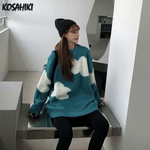 KOSAHIKI Sweet Kawaii Women Knitted Pullovers Loose Korean Casual Female Sweaters 2021 Spring Jacquard O-neck Pull Femme 11a353
