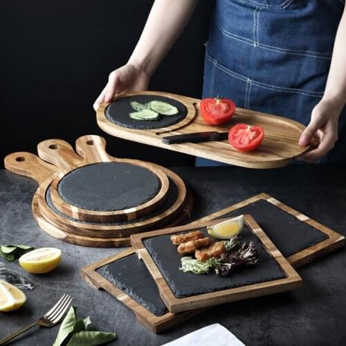MUZITY Slate Dinner Plate with Wooden Dish Sushi Steak Barbecue Plate Cheese Pizza Flat Fruit Plate