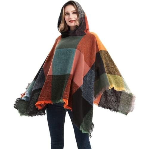 New Fashion Cashmere Women Plaid Print Tassel Poncho Hooded Scarf Winter Warm Shawl Wrap Female knitted warm Soft Thick Blanket
