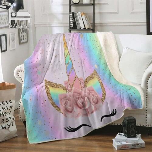 Unicorn Rainbow Colors Premium Throw Blanket Print on Demand Sherpa Blankets for Sofa Customized DIY Plush Thin Quilt