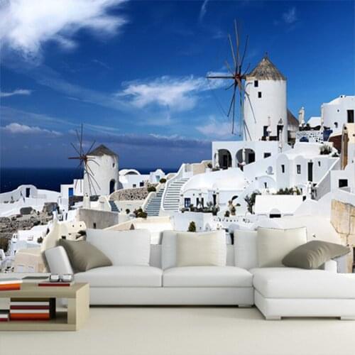 Wholesale Blue Sky Love Sea Windmill Lanscape Scenery 3d Photo Murals for Living Room 3d Wall Murals Vinyl Fresco Home Decor